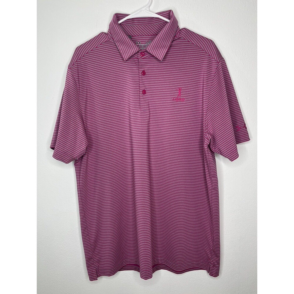Under Armour Mens Size Large Polo Shirt Gray & Pink Striped Heatgear Loose Logo
